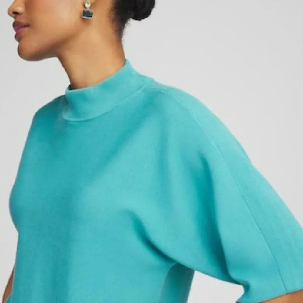 Chico's Teal Sweater Short Sleeve Mock Neck Wide Elbow Sleeves Sz L (2) Soft - Picture 3 of 16